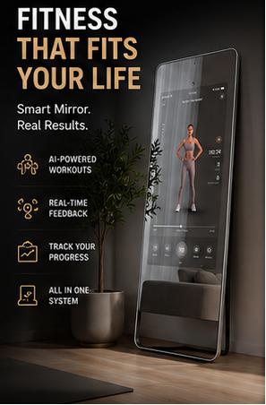 Motiva Mirror™ showcasing smart mirror home workout system with AI workouts, real-time feedback, and fitness tracking.