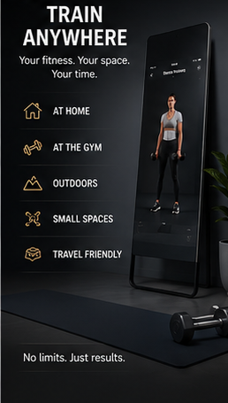 MOTIVA MIRROR™ smart mirror home workout system displayed with training options for at home, gym, outdoors, and travel.