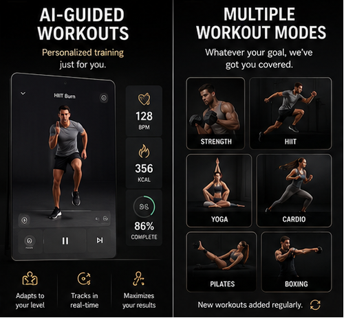 Motiva Mirror™ showcasing AI-guided workouts and multiple workout modes for a smart mirror home workout system.