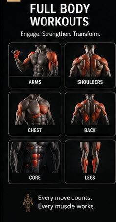 Full body workout illustration featuring arms, shoulders, chest, back, core, and legs for smart mirror home workout system.